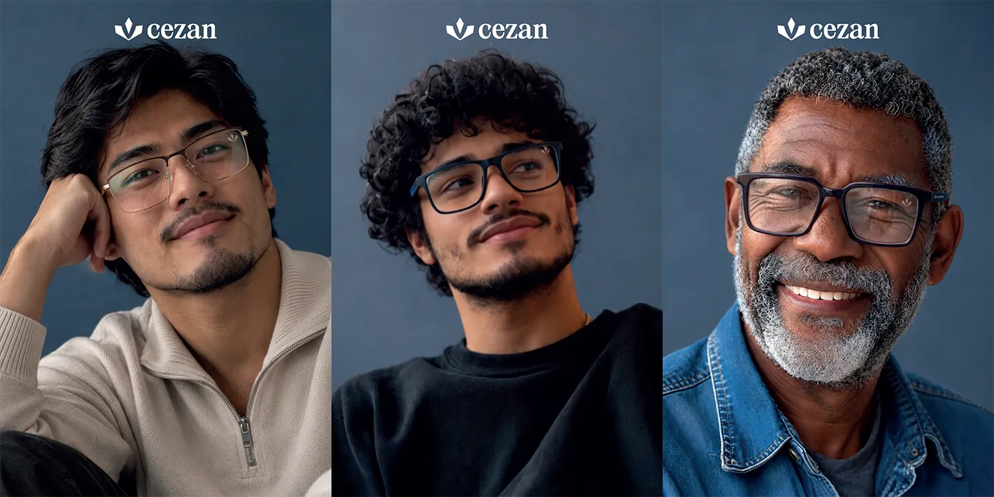 Três homens apresentando armações da linha Cezan